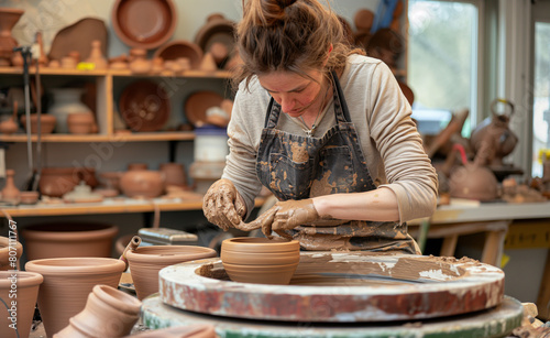A pottery workshop in action. Pottery and ceramics workshop with a focus on a potter’s hands molding a clay vessel on a spinning wheel.