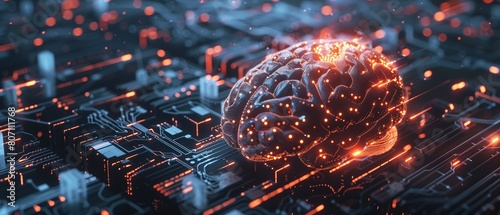 A dynamic 3D illustration showing a human brain intertwined with glowing digital circuits, symbolizing the growth of cognitive abilities through technology. photo