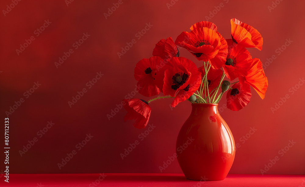 Bouquet of bright red poppies in a red ceramic vase, and photograph it against a matching red background.