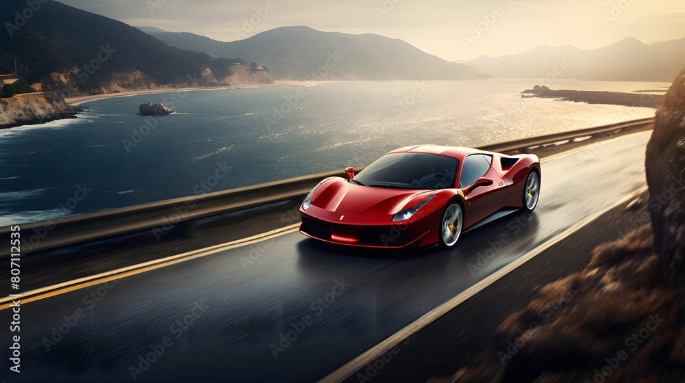 Sport car driving on the road at sunset. 3d rendering.