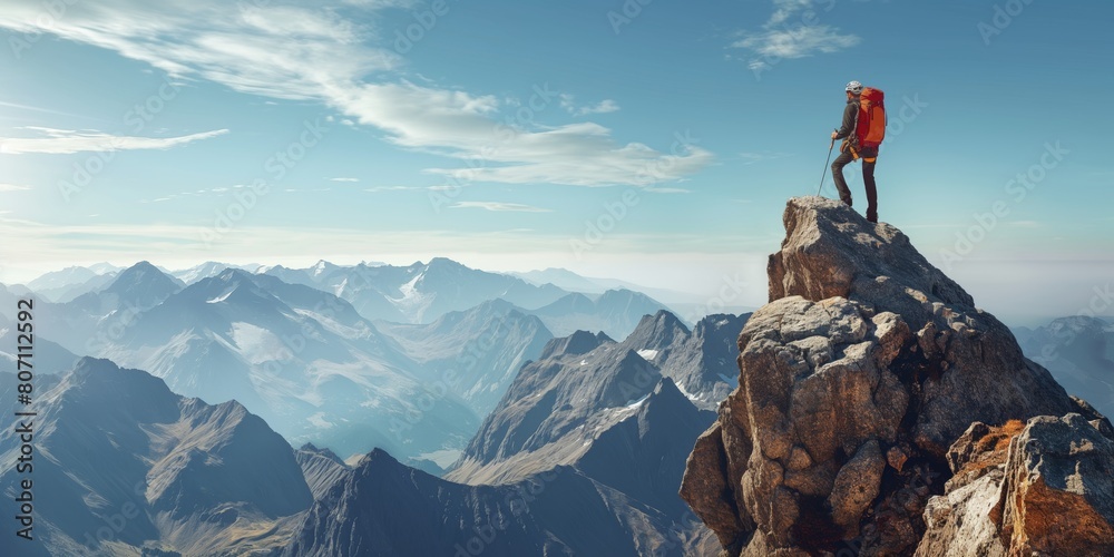 A climber stands triumphant on a mountain peak, overlooking a stunning panoramic view of sharp rocky edges and distant peaks under a clear sky