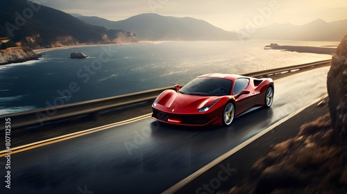 Sport car driving on the road at sunset. 3d rendering. © Michelle