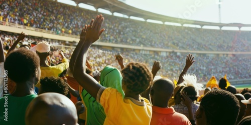 African soccer fans supporters in busy crowd of people at football match in sports stadium