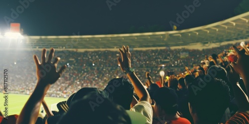 Soccer fans in busy crowd at football match in sports stadium at night