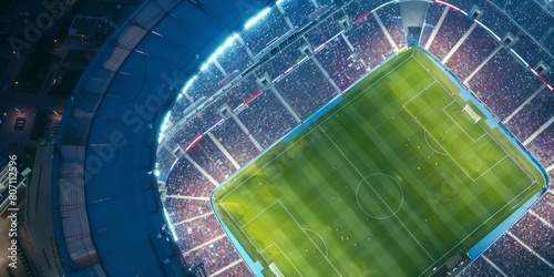 Aerial drone view of modern football soccer pitch sports stadium ground at night lights