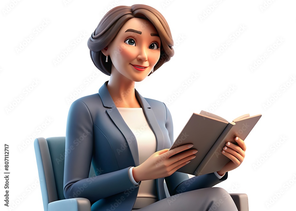 3D Business Woman sitting on a chair, holding a book and reading with a thoughtful expression , 3D Character, 3d Woman