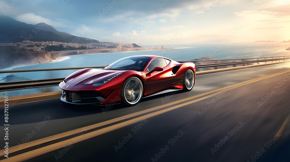 sports car on the road with motion blur effect. 3d rendering