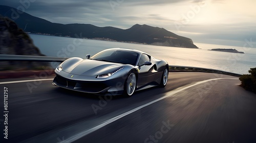 View of a luxury sports car on the road with motion blur.
