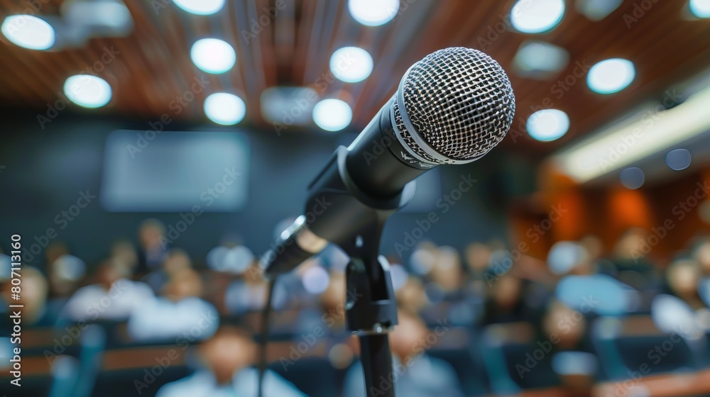Speaking concept highlighted by a close-up of a microphone in hand, blurred background of an occupied seminar room, studio-lit for clarity Speaking concept highlighted by a close-up of a microphone in hand, blurred background of an occupied seminar room, studio-lit for clarity
