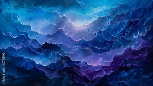 The deep blue and purple hues of this textured artwork evoke the rhythmic motion of ocean waves, bringing tranquility to any space. photo