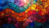 Creating a visually stunning artwork, an intricate mosaic of stained glass pieces features a vibrant spectrum of red, orange, blue, and green.