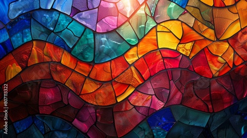 Creating a visually stunning artwork, an intricate mosaic of stained glass pieces features a vibrant spectrum of red, orange, blue, and green. photo