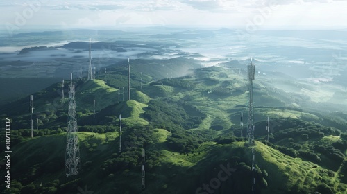 An aerial view of a network of signal towers dotting the landscape, providing coverage and connectivity for vast geographical areas.