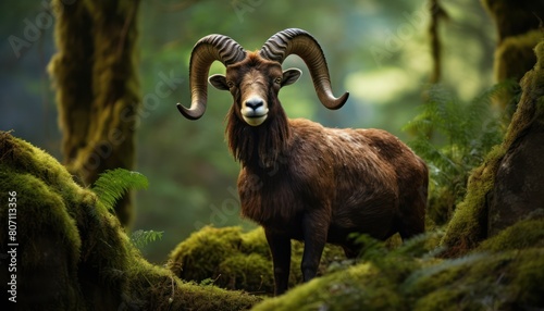 A Mouflon ram stands confidently in the heart of a dense forest, surrounded by tall trees and lush greenery