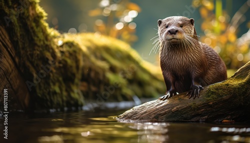 A North American River Otter stands confidently on a log in the water, showcasing its agility and natural habitat