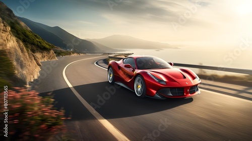 Red sport car on the road with motion blur. Panoramic image.