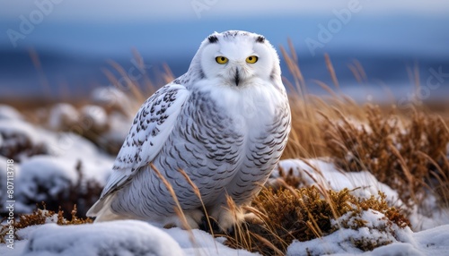 A snowy owl perched on the snow-covered ground in its cold natural habitat