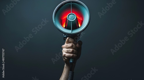 Powerful depiction of a hand holding a megaphone, close-up on an isolated background, studio lights highlighting the assertive posture photo
