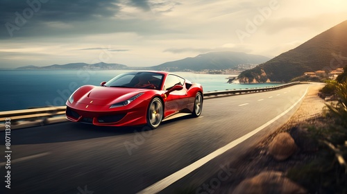 Red sport car driving on the road  panoramic view.