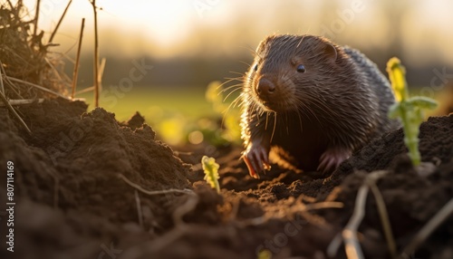 A European mole standing on all fours in dirt photo