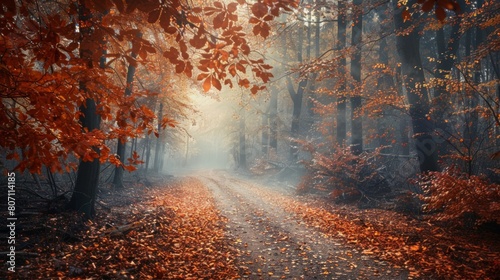 In a serene and mystical scene, a forest path is covered with vibrant orange leaves and surrounded by foggy, blue-toned autumn trees.