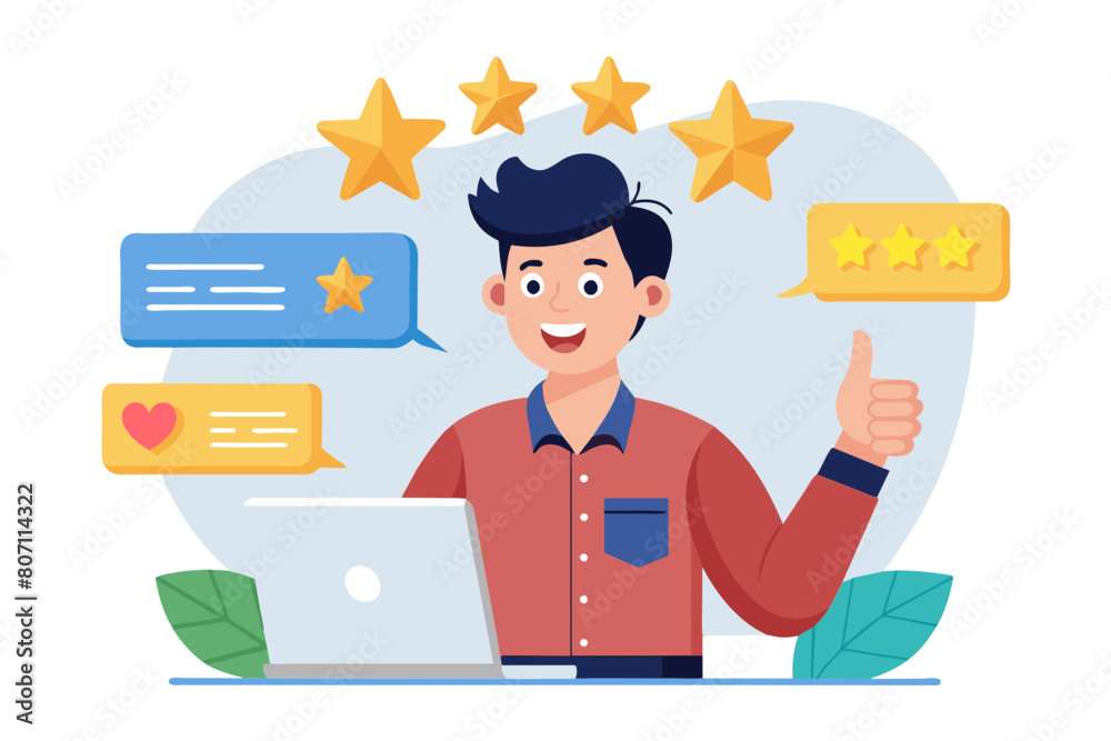 Customer feedback user experience or client satisfaction opinion for product and services review rating or evaluation concept young adult people giving emoticon feedback such as stars thumbs up