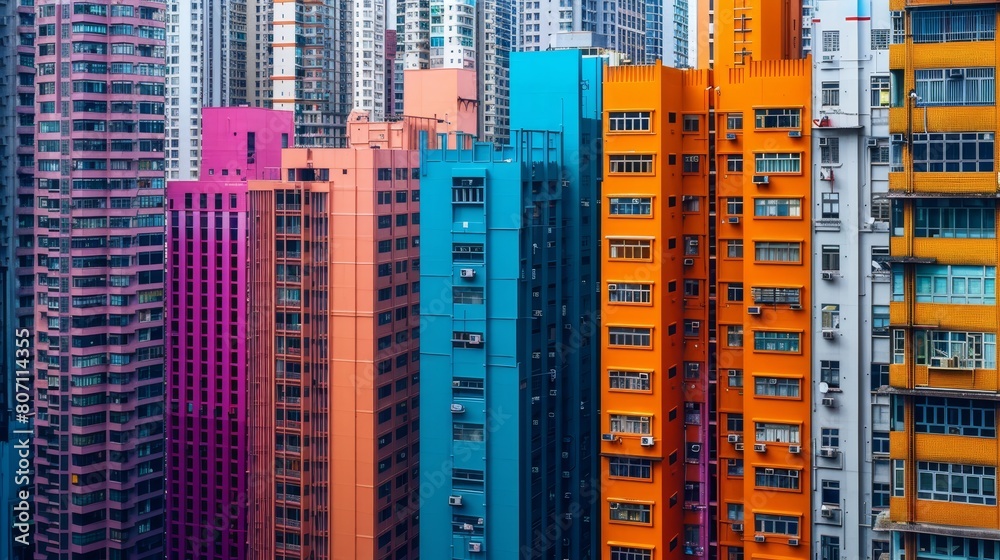 Obraz premium Intense colors of skyscraper exteriors in a bustling city, close-up on the variety of patterns and textures, vivid city life