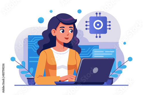 Working with AI artificial intelligence technology helping or support success work AI prompt engineer or robot assistance concept woman work with computer laptop on AI artificial intelligence chip