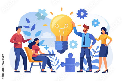 Team building team collaboration for business idea teamwork to solve problem strategy plan to work together for success concept businessmen and businesswomen team up to solve lightbulb jigsaw modern
