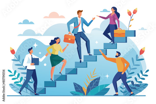 Team support help success teamwork to progress and success together company growth step or employee development team achievement concept business people team up holding hand help climb up stair