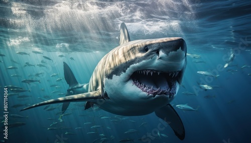 A Great White Shark with its jaws wide open  revealing rows of sharp teeth  swimming in the ocean