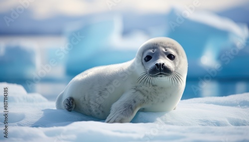 A baby Harp Seal rests on a large iceberg in its natural habitat, blending with the icy surroundings
