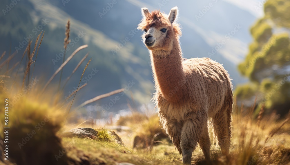 A single alpaca standing in a field with majestic mountains in the background A single alpaca standing in a field with majestic mountains in the background
