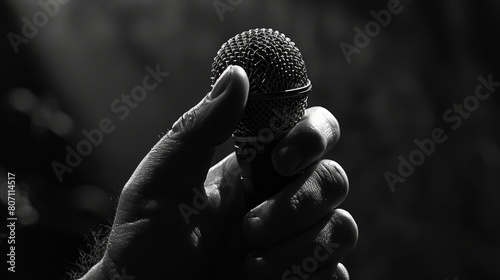 Intense close-up of a hand clutching a microphone, conveying strong intention, perfectly lit against a stark background photo