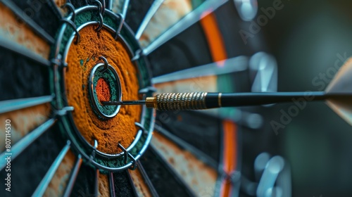 Intense close-up of a dart arrow piercing the bullseye, visual metaphor for success and accuracy, on a clean, isolated background photo
