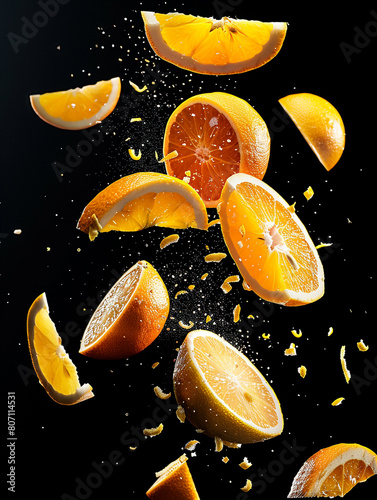 Delicious-looking image of oranges and lemon slices, dropped randomly. The background is black.
