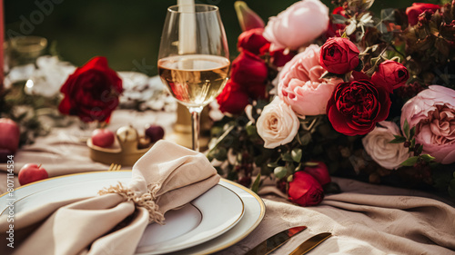 Wedding and event celebration tablescape with flowers  formal dinner table setting with roses and wine  elegant floral table decor for dinner party and holiday decoration  home styling idea