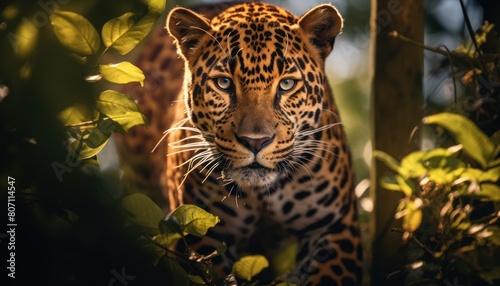 A Jaguar is seen up close resting on a tree branch in its natural habitat