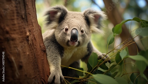 A koala perched in a tree, facing the camera with a curious gaze in its natural habitat photo