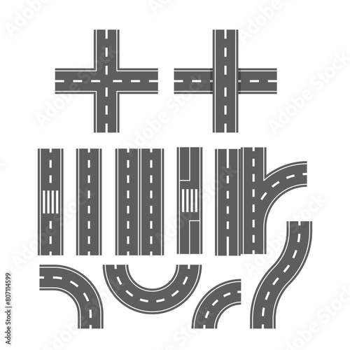 Set of Road Sections Including Straight, Curved, And Intersection Elements In A Monochrome Style, Vector