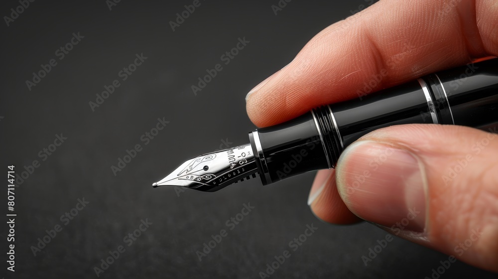 High-detail view of a hand clasping a fountain pen, emphasis on intentional grip, perfectly lit and isolated for visual impact High-detail view of a hand clasping a fountain pen, emphasis on intentional grip, perfectly lit and isolated for visual impact