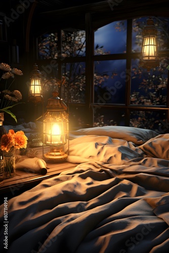 Lantern on the bed in the dark. 3d rendering