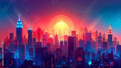 Showcasing a blend of advanced technology and urban design  a vibrant digital illustration portrays a futuristic cityscape bathed in the glow of a sunset and neon lights.