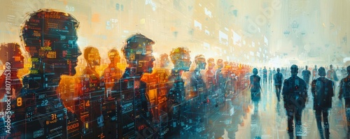 An abstract painting of a crowd with faces replaced by various economic indicators, highlighting the human aspect of economic changes photo