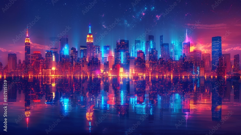 The vibrant digital illustration captures a futuristic cityscape glowing with the light of a sunset and neon lights, showcasing the fusion of advanced technology and urban design.