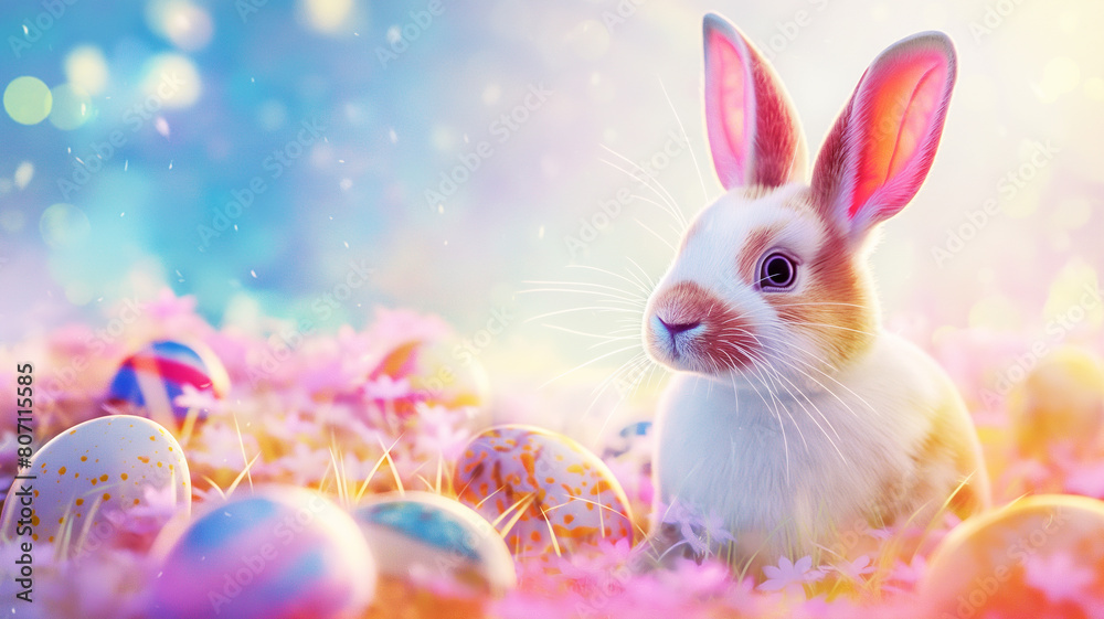 Fantasy and colorful cute rabbit and easter eggs background Easter Festival concept
