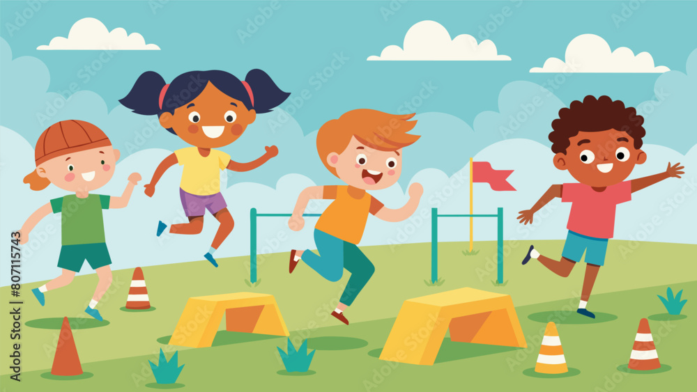 Smiling children participating in an obstacle course designed to promote physical activity at the local Health and Wellness Fair.. Vector illustration Smiling children participating in an obstacle course designed to promote physical activity at the local Health and Wellness Fair.. Vector illustration