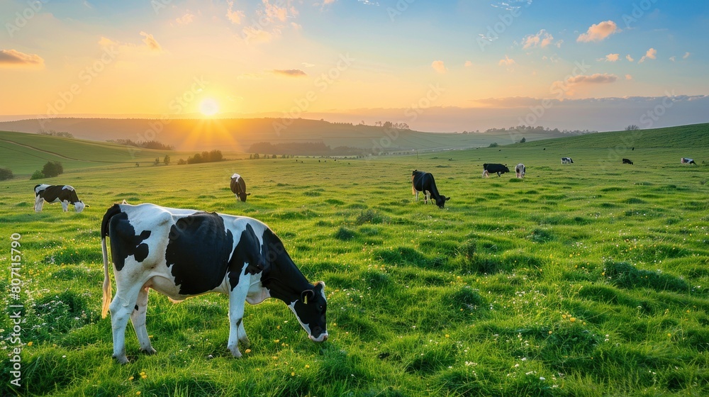 Cows grazing in a vast green meadow.