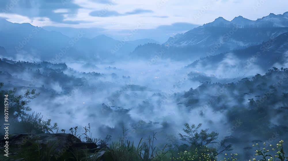 Fototapeta premium Misty Mountain Vistas Beckon Adventurous Explorers into Ethereal Wilderness Landscapes