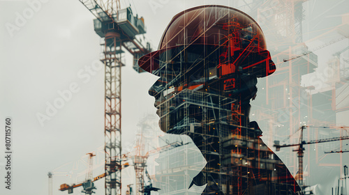 A construction worker merged with images of cranes and building structures, highlighting the effort and skill required in the construction industry